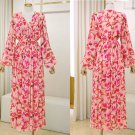 Rsslyn Pink Maxi Dress V-Neck Dress Mid-calf Length Beach Dress with Almond Flower Prints