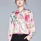 Rsslyn Floral Blouses for Women Long Bow Tie Silk Blouse Luxury Style Outfit