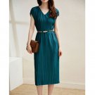 Timeless Fashion Sleeveless Teal Dress for Women Pleated Dress with Golden Belt