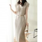 Timeless Fashion Beige Dress with Belt Knee Length Dress for Women Fashion V-neck Dress