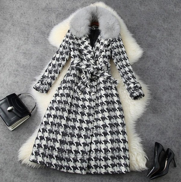 TF Plaid Overcoats Winter Rsslyn Fur Collar Thicken Warm Wool Blends Long Overcoat
