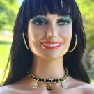 Rsslyn 3pcs/SET CC Black Leather Necklace with Black Brooch and Black Earrings