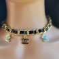 Rsslyn 3pcs/SET CC Black Leather Necklace with Black Brooch and Black Earrings