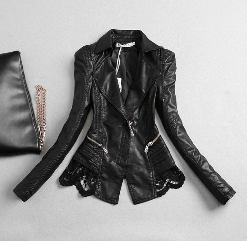 Rsslyn Black Leather Black Lacy Top for Women-Ruffled Coats for Women Lacy Leather Jacket