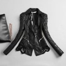 Rsslyn Black Leather Black Lacy Top for Women-Ruffled Coats for Women Lacy Leather Jacket