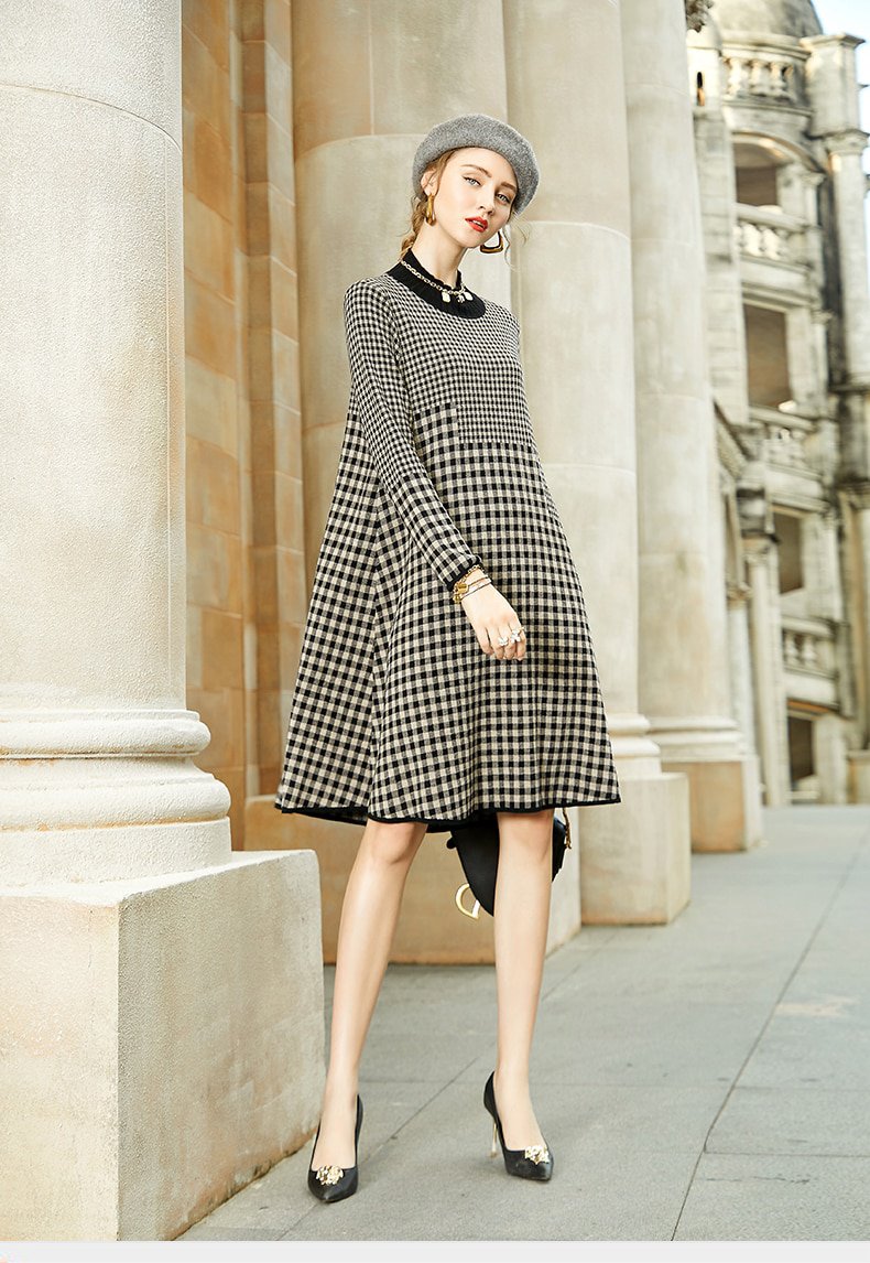 Rsslyn Plus Size Sweater Dresses for Checkered Women Black Bird Lattice Midi Dress Autumn Plaid