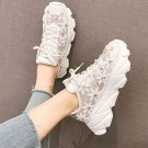 Rsslyn Girls White Shoes Chunky Sneakers Running Sparkles Heels Roses Thick Sole Fashion Mesh