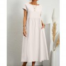 Rsslyn White Linen Dress for Women Solid Maxi Dress Summer Short Sleeve O Neck Vintage LMF24-206