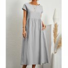 Rsslyn Casual Linen Dresses New Vintage Solid Midi Dress Casual Short Sleeve Cotton and Linen