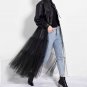 Rsslyn Black Leather Jacket with Mesh Loose Fit Black Mesh Big Size Long Pu Leather Jacket New Lapel