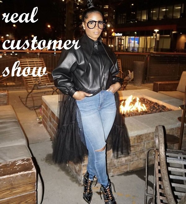 Rsslyn Black Leather Jacket with Mesh Loose Fit Black Mesh Big Size Long Pu Leather Jacket New Lapel