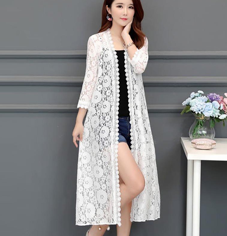 Rsslyn White Kimono White Lace Cardigan Mid-length Summer Mesh Shawl Loose Over-the-knee