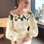 Rsslyn Women's Blouse Luxury Flowers Embroidery Mesh Stitching Satin Shirt Sweet Long Sleeved
