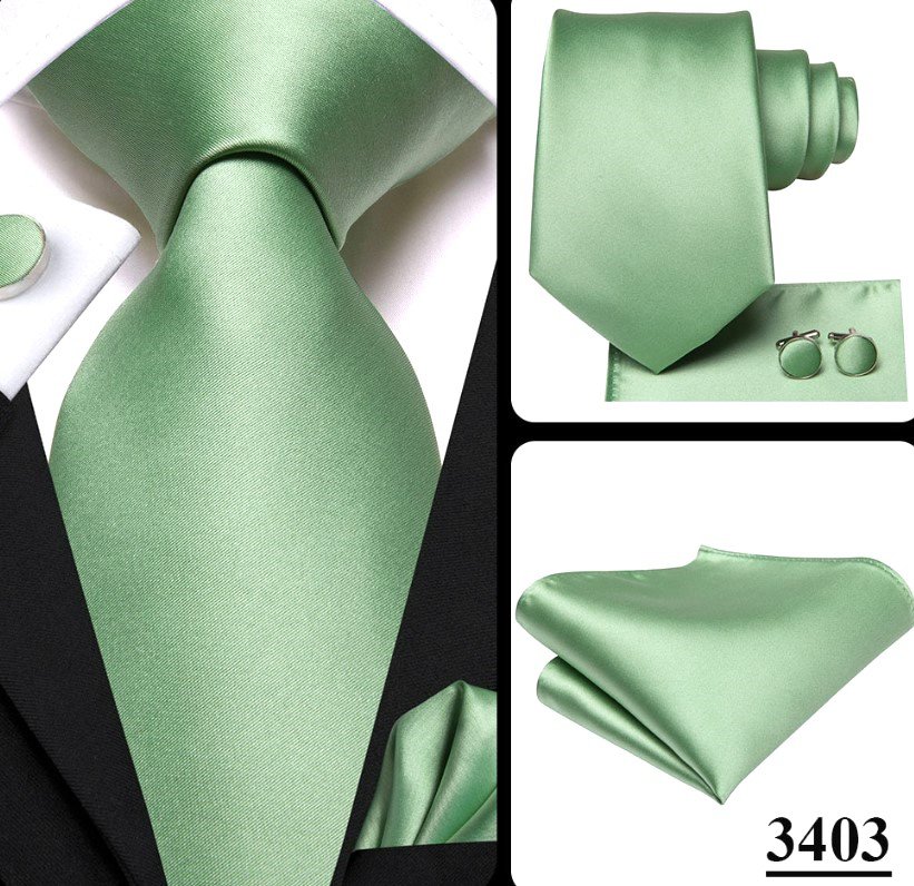 Rsslyn 3pcs/SET Green Neck Tie New Men's Ties Hanky Cufflinks Set Silk Neck ties For Men