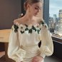 Rsslyn Women's Blouse Luxury Flowers Embroidery Mesh Stitching Satin Shirt Sweet Long Sleeved