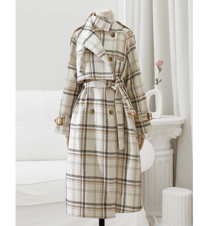 Rsslyn Beige Trench Coats Plaid Wool Blends Fairycore Winter Jackets for Women LMF24-251 Overcoats