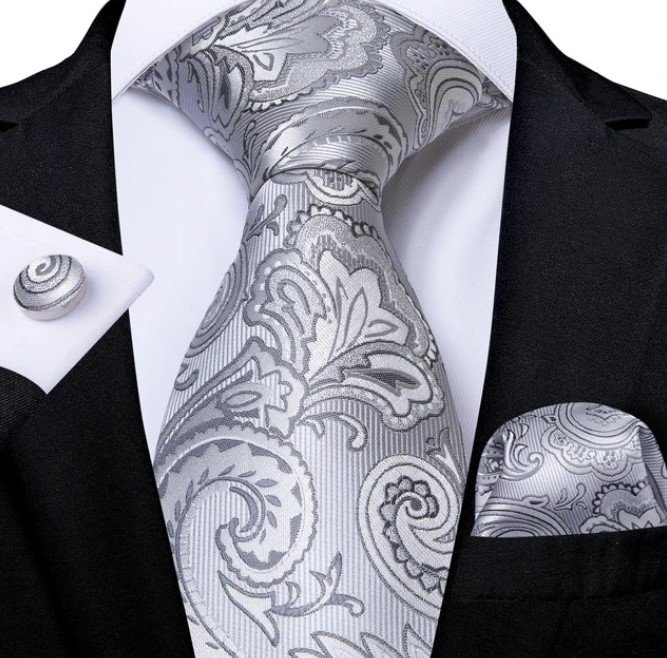 Rsslyn Silver Ties for Men Junior Senior Promenade Neckties for Boys 3pcs/SET Cufflinks LMF24-271