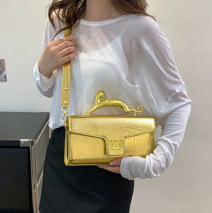 Rsslyn Golden Shoulder Bags Golden Leopard Handle Luxury Bags LMF24-514 Golden Clutch Bags