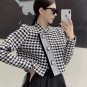 Luxury Houndstooth Vintage Tweed Jacket Black Coat Crop Top Autumn Winter Fashion High Street Coats