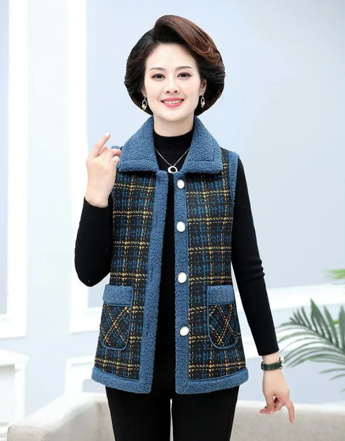 Rsslyn Vest for Women Thick Plaid Coat Short Women's Warm Sleeveless Jacket Women's Blue Vests