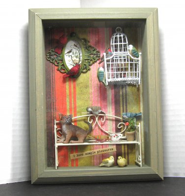 Cat with birds shadow box assemblage
