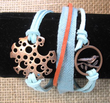 Aqua copper leather strap Steampunk bracelet Free Shipping
