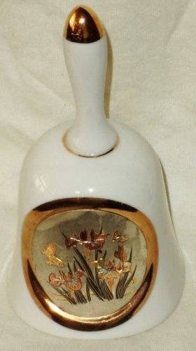 Chokin Art Bell Flowers Butterfly Gold Silver Copper on Grey Background Japan