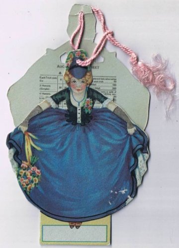 VINTAGE Bridge Tally Card Lady With Blue Dress Fold Out 1930s