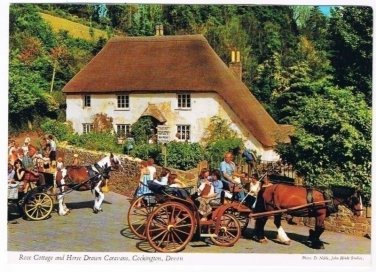 Devon England Postcard Cockington Rose Cottage Horse Drawn Caravans
