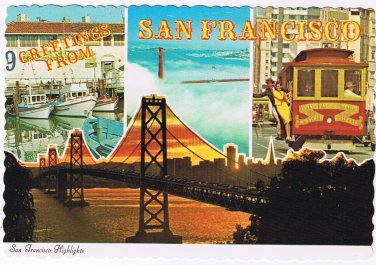 California Postcard San Francisco Collage Bridge Cable Cars Boats