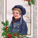 Christmas Postcard Boy? Girl? Blue Coat Cap Child Holly Berries