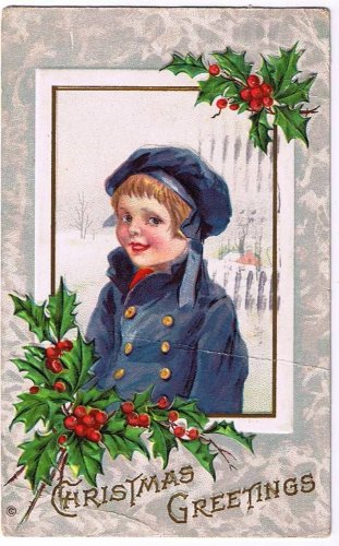 Christmas Postcard Boy? Girl? Blue Coat Cap Child Holly Berries