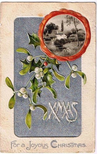 Christmas Postcard White Holly Berries Country Scene Embossed