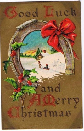 Christmas Postcard Robbins Good Luck Children Horseshoe