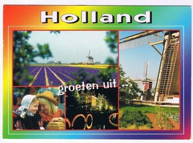 Holland Netherlands Postcard Multi View Windmills Flowers Children