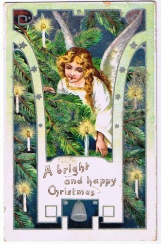 Christmas Glitter Postcard Winter Angel Tree Bright Happy Christmas
