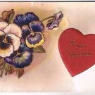 ROSE COMPANY Valentine's Day Postcard Embossed Pansies Padded Silk Heart