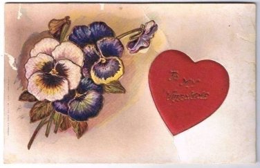 ROSE COMPANY Valentine's Day Postcard Embossed Pansies Padded Silk Heart
