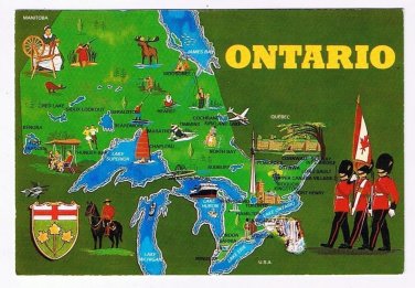 Ontario Postcard Pictoral Map Great Lakes RCMP CN Tower