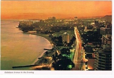 Honolulu Hawaii Postcard Kalakaua Avenue Evening Golden  Backdrop