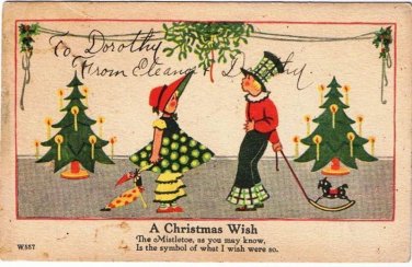 Christmas Postcard Boy Girl Under Mistletoe