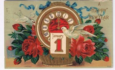 New Year Postcard Embossed Clock Roses Dove 1912 McMinnville Oregon