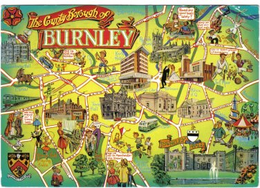 United Kingdom UK Postcard County Borough Of Burnley Pictoral Map