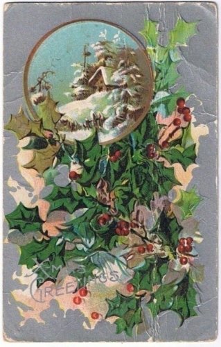 Christmas Postcard Mistletoe Snow Covered House Scene