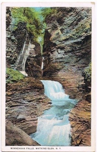 Watkins Glen New York Postcard Minnehaha Falls Curteich A-52129 1913