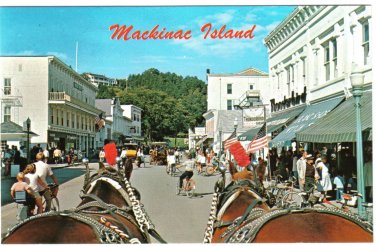 Michigan Postcard Mackinac Island Typical Street Scene Horse Drawn Carriages