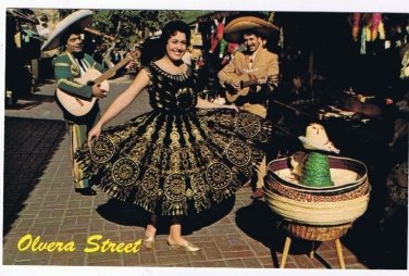 California Postcard Los Angeles Olvera Street Native Costumes Strolling Guitars