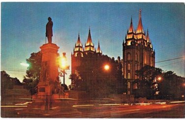 Salt Lake City Utah Postcard Night View Pioneer Monument Mormon Temple Square