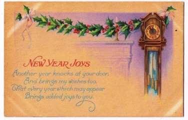 New Year Postcard New Year Joys Grandfather Clock Holly Garland