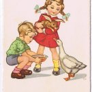 Art Deco EJO Postcard Children With Rabbit Feeding Goose Artist Signed